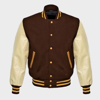 Brown Wool Varsity Jacket with Cream Leather Sleeves|Rider Zilla