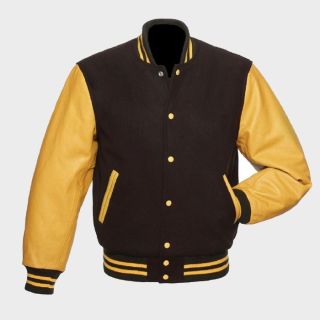 Brown Wool Letterman Jacket with Gold Leather Sleeves|Rider Zilla