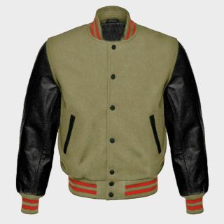 Cream Beige Wool Black Leather Varsity Jacket|Rider Zilla