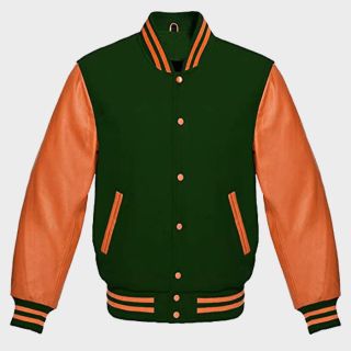 Lishow Fashion Varsity Jacket Green Wool & Orange Leather|Rider Zilla