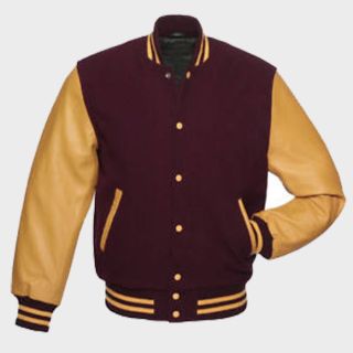 Maroon Wool Varsity Bomber Jacket with Gold Yellow Leather Sleeves|Rider Zilla