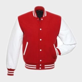 Red Wool Varsity Jacket with White Leather Sleeves|Rider Zilla